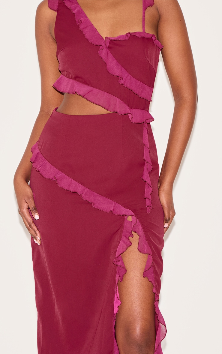 Wine Chiffon Frill Cut Out Maxi Dress image 4