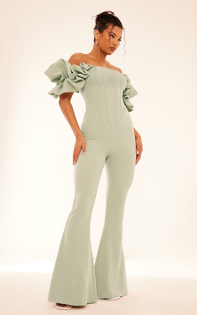 Sage Green Woven Pleated Corset Detail Bardot Frill Jumpsuit