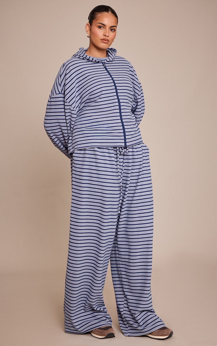 Plus Navy Striped Soft Fleece Zip Up Hoodie image 3