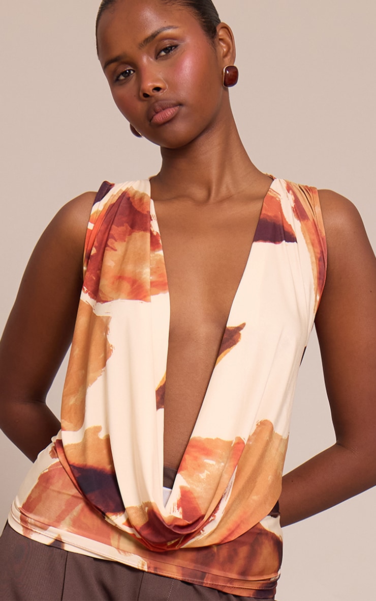 Cream Floral Print Double Layer Slinky Extreme Cowl Neck Top image 4