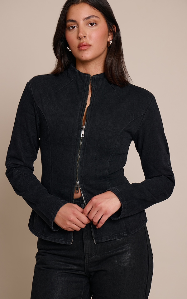 Washed Black Seam Detail High Neck Fitted Jacket