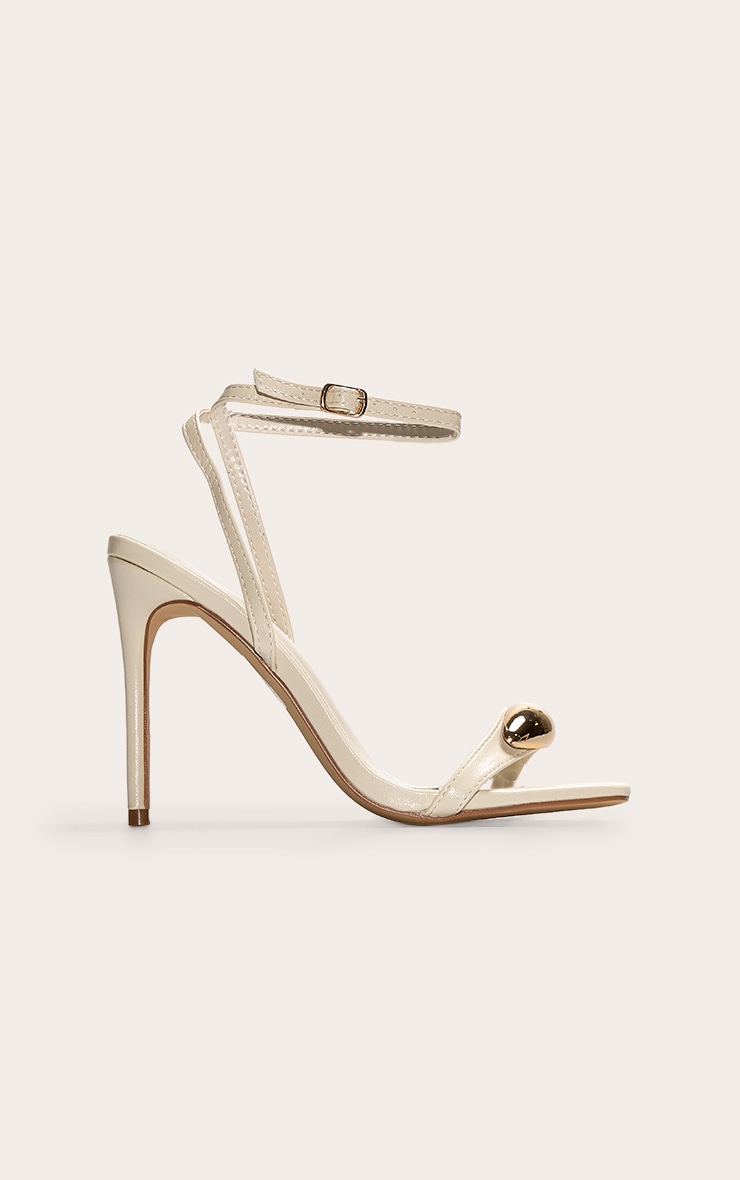 Cream Pu Square Toe Metal Trim High Stiletto Heeled Sandals image 1