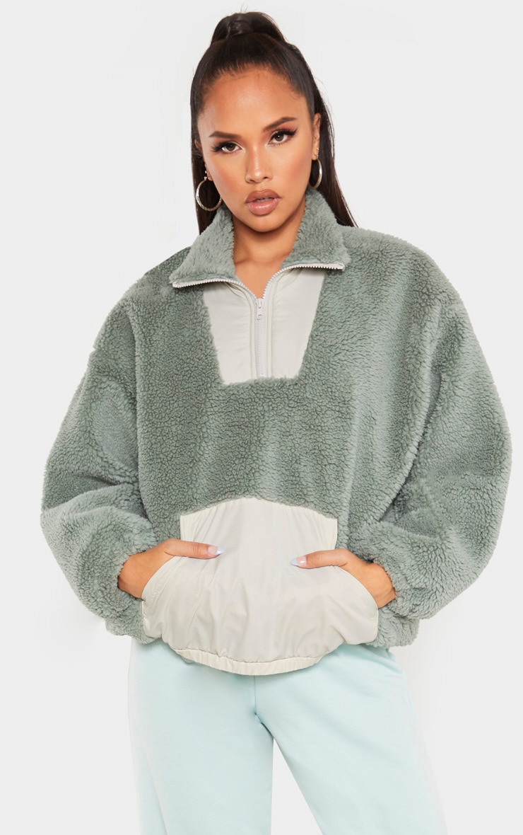 Mint Teddy Faux Fur Contrast Oversized Jacket