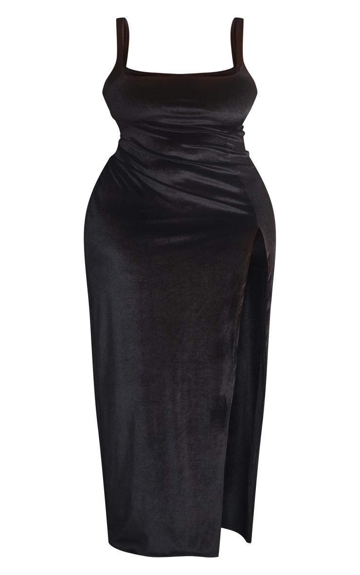 Plus Black Velvet Side Split Midi Dress image 1