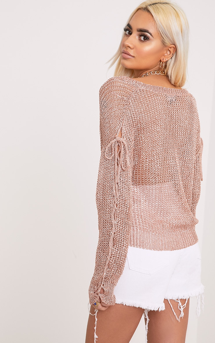 Zoie Rose Gold Metallic Knit Sleeve Tie Jumper PrettyLittleThing