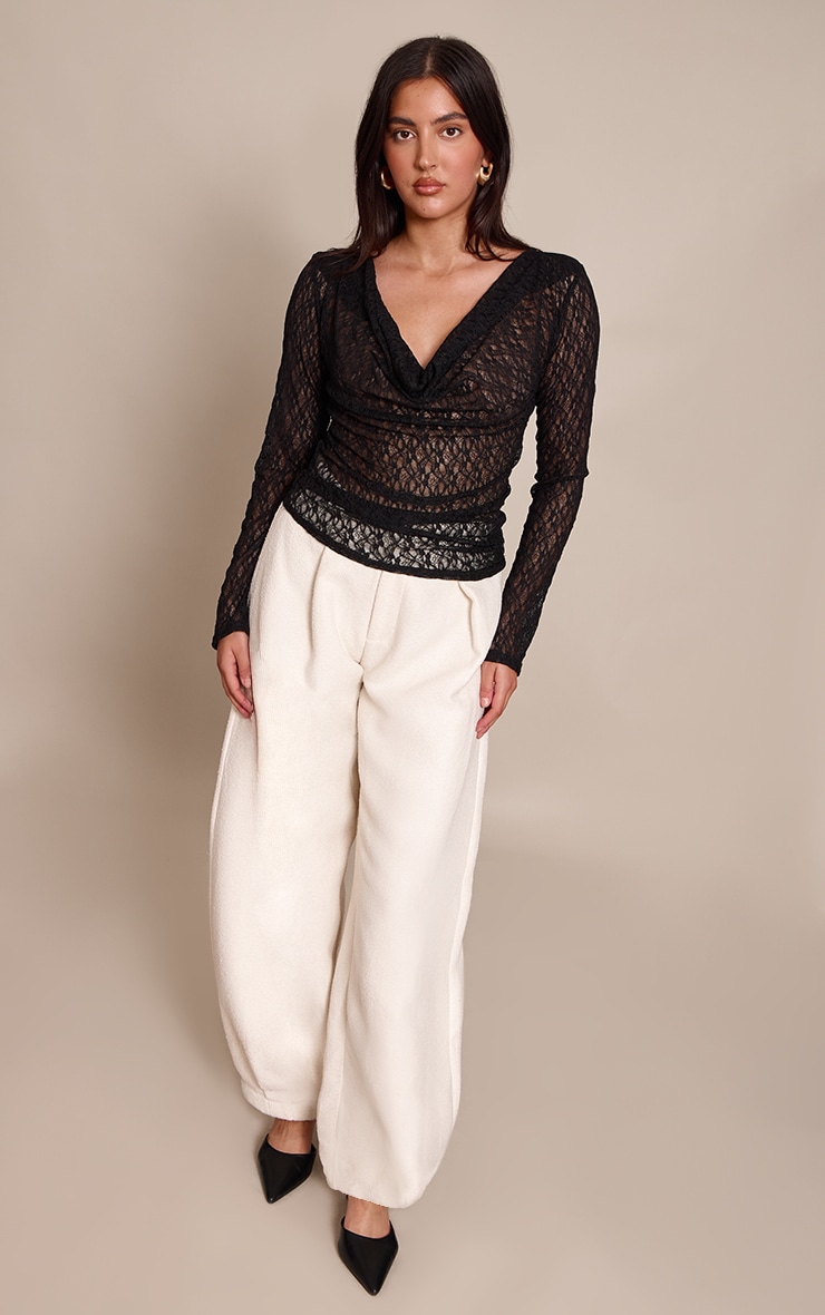 Black Sheer Lace Cowl Neck Long Sleeve Top image 3
