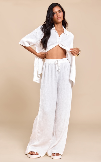 White Textured Woven Drawstring Wide Leg Pants