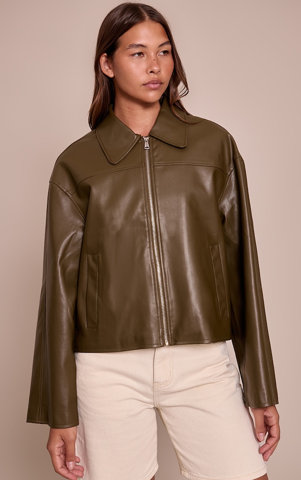 Khaki Zip Through Pu Jacket