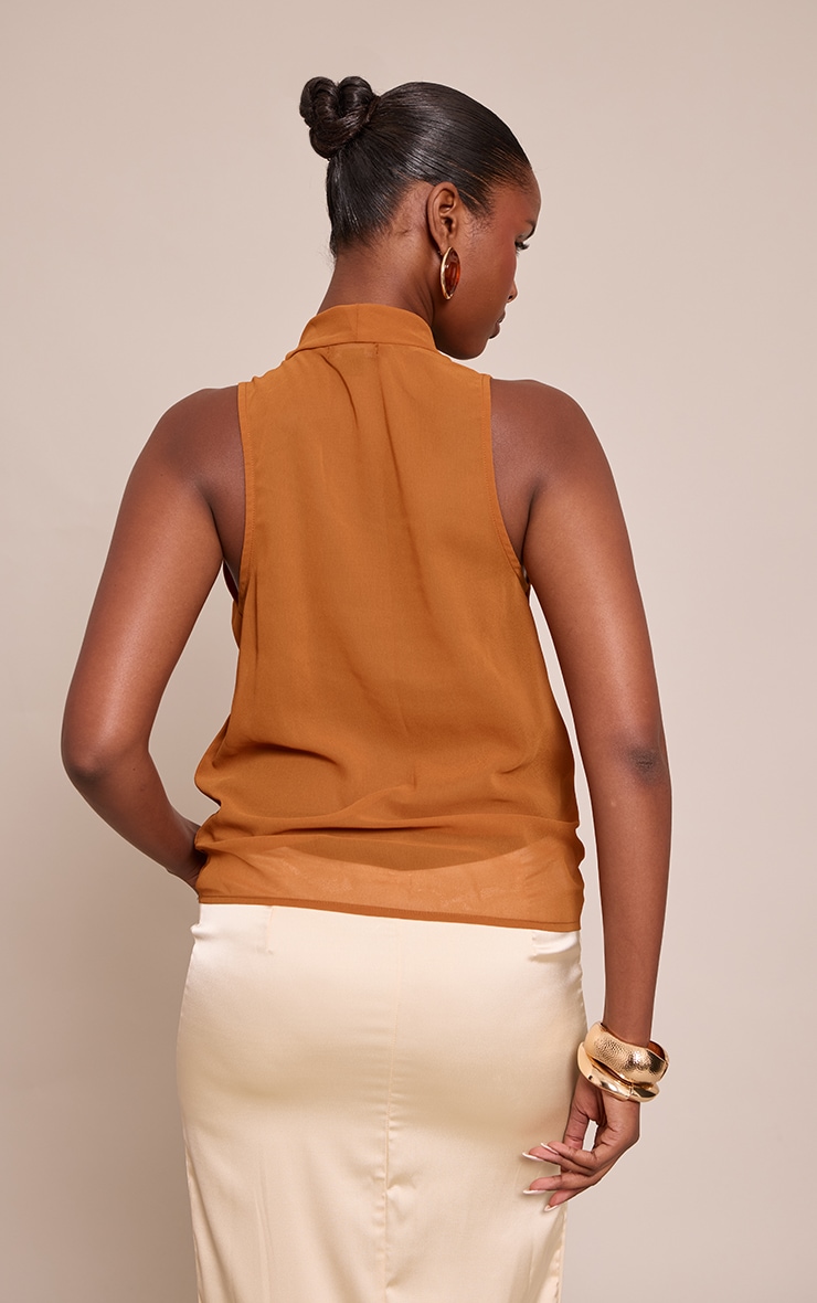 Tan Chiffon Extreme Cowl Neck Detail Long Top image 2