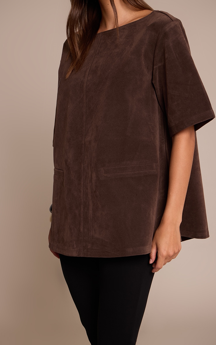 Dark Chocolate Faux Suede Oversized Boxy Detail Structured Top  image 4