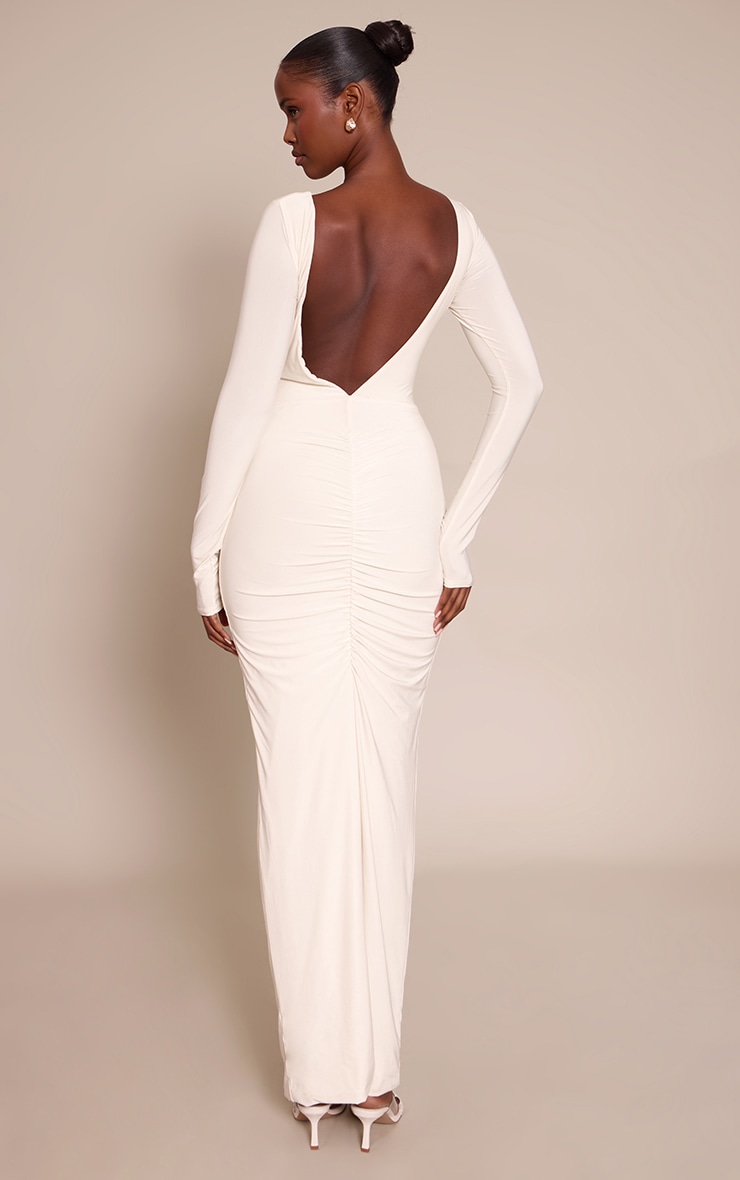 Cream Slinky Ruched Low Back Maxi Dress Dresses PLT KSA