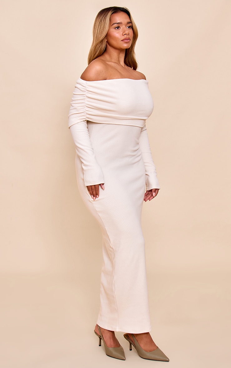 Shape Oatmeal Ribbed Bardot Long Sleeve Maxi Dress image 3