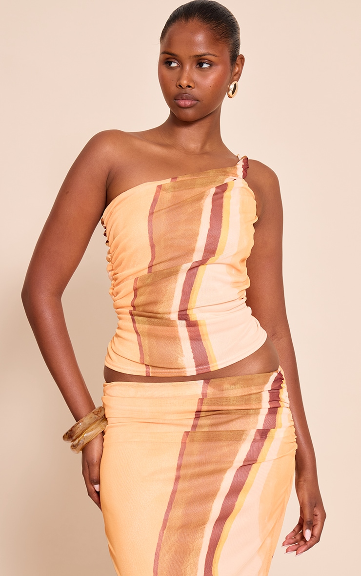 Yellow Abstract Print Mesh Asymmetric Long Top image 1