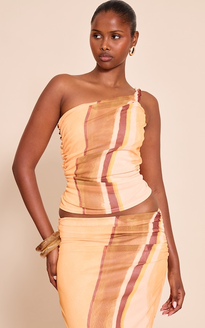 Yellow Abstract Print Mesh Asymmetric Long Top