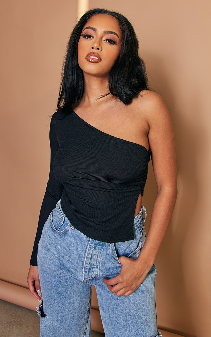 Black Rib Asymmetric Ruched One Shoulder Crop Top