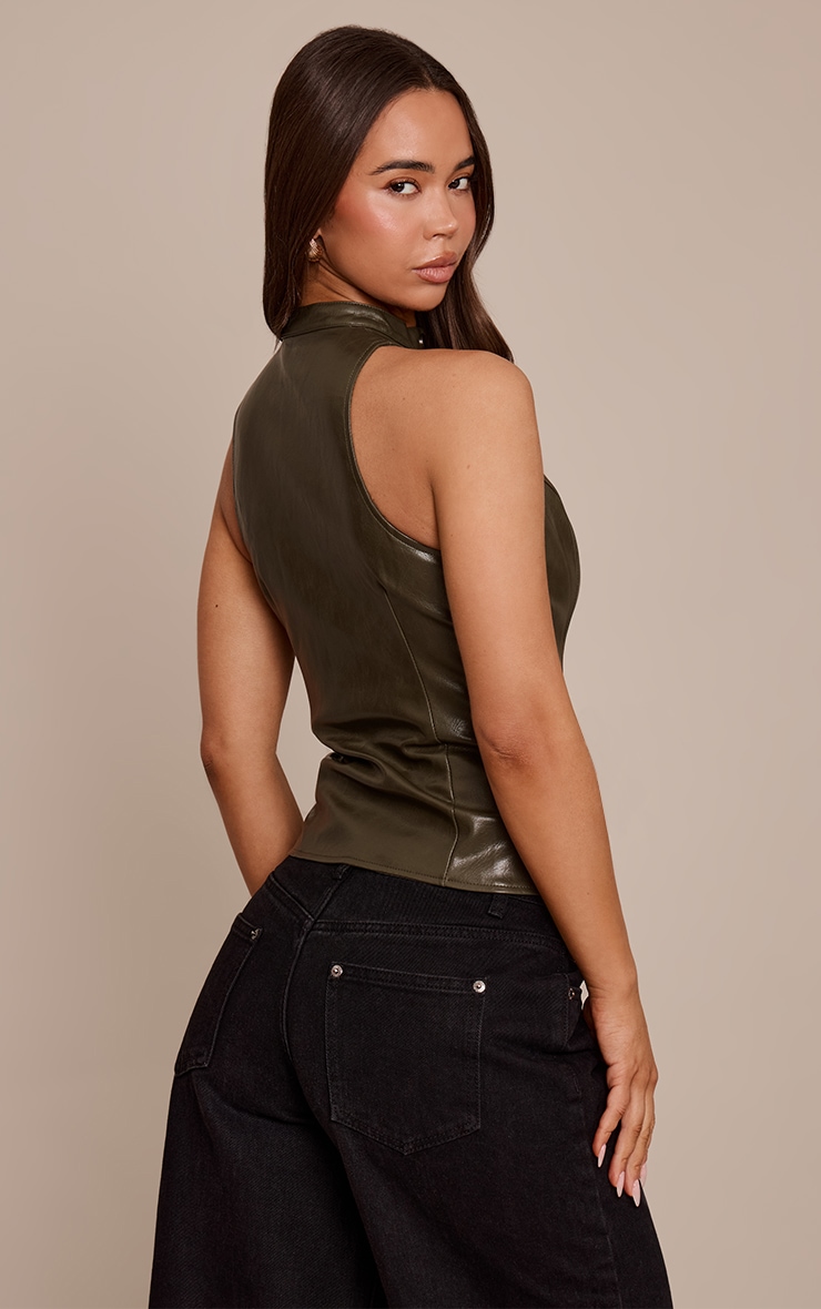Khaki Faux Leather Zip Up Sleeveless Top image 2