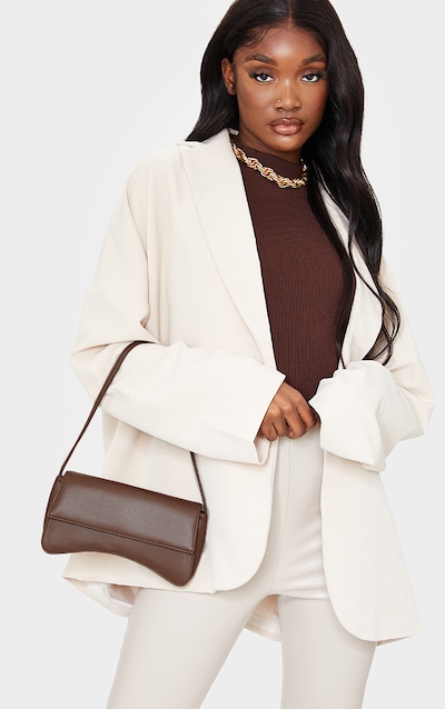 Chocolate PU Flap Over Baguette Shoulder Bag