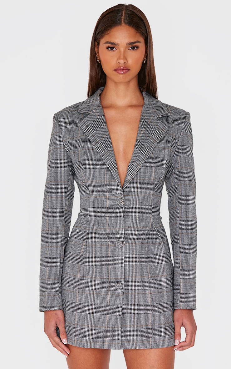 Grey Woven Check Cinched Waist Long Sleeve Blazer Dress image 1