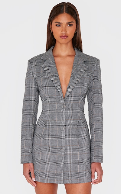 Robe blazer cintrée tissée grise à carreaux et manches longues