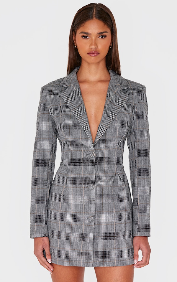 Grey Woven Check Cinched Waist Long Sleeve Blazer Dress