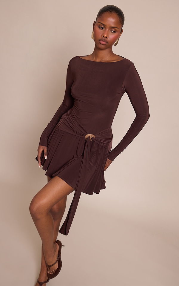 Chocolate Slinky Trim Belt Detail Mini Shift Dress