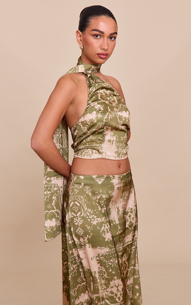 Khaki Printed Satin Asymmetric Midi Skirt image 4
