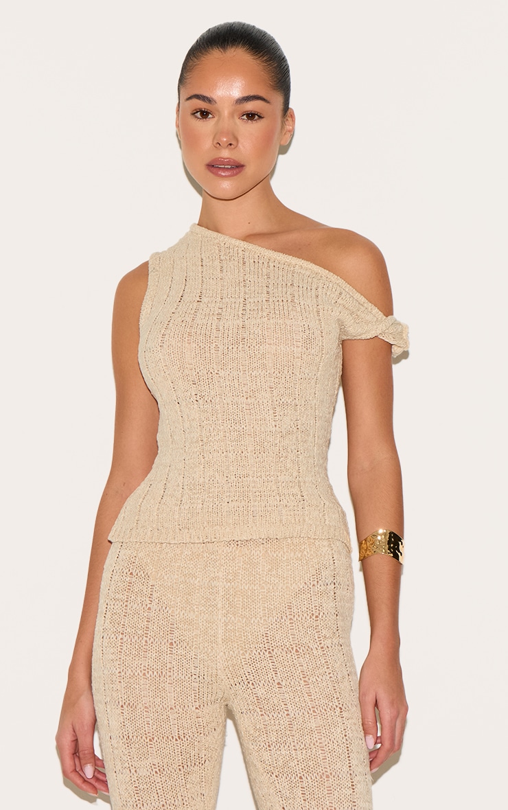 Oatmeal Textured Filigree Knit Wide Leg Trousers image 4