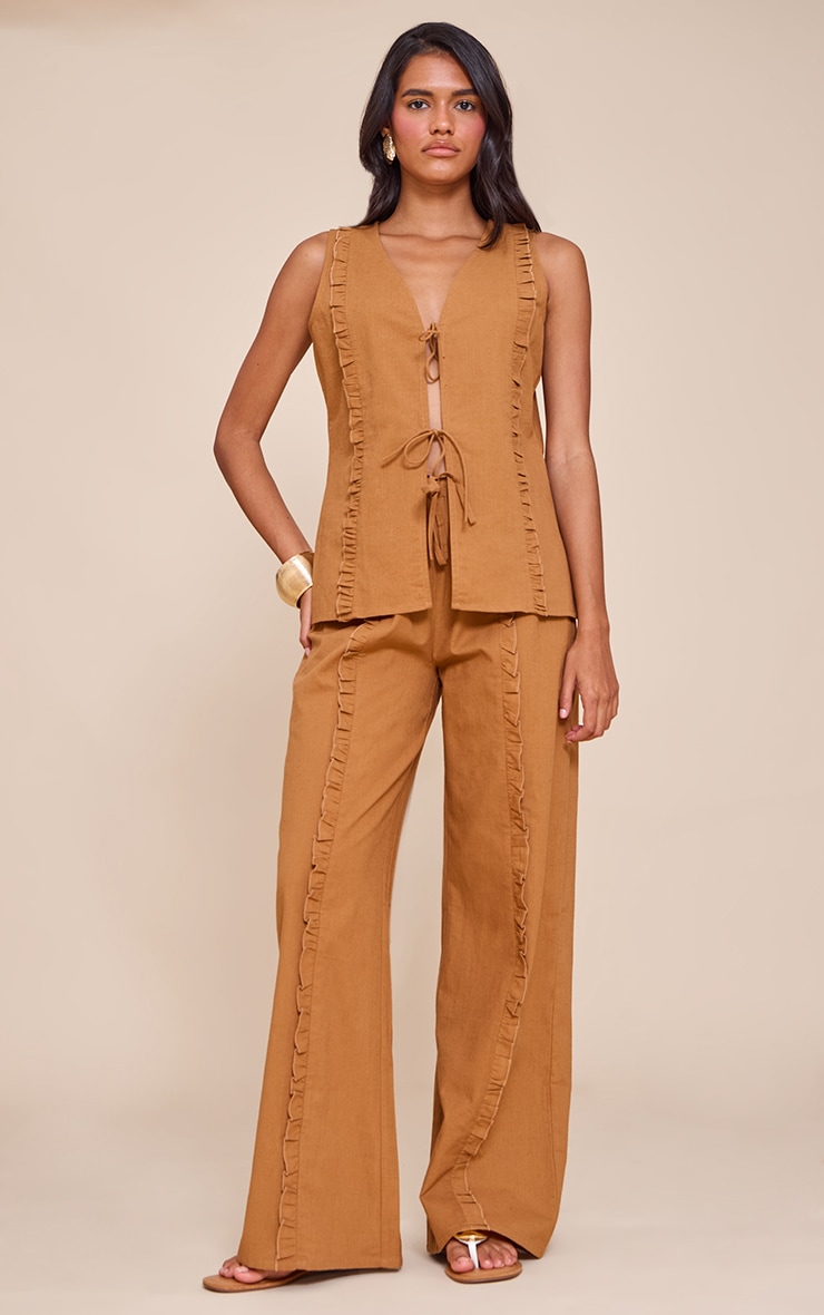 Tan Tie Front Linen Look Sleeveless Top image 3