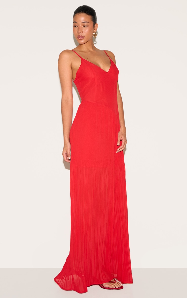 Red Woven Pleated Hem Detail Spaghetti Maxi Dress image 3