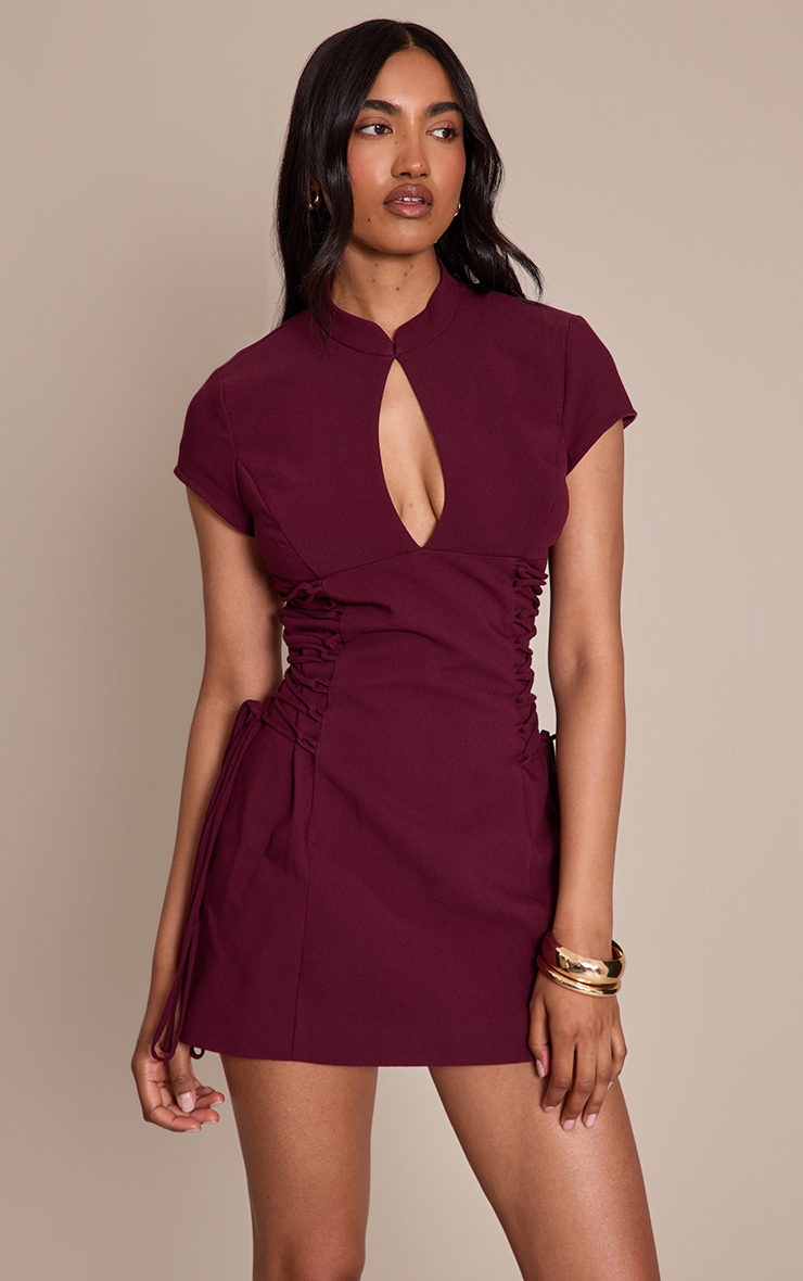 PLT Label Robe de tailleur trapèze prune à col mandarin et lacets image 1