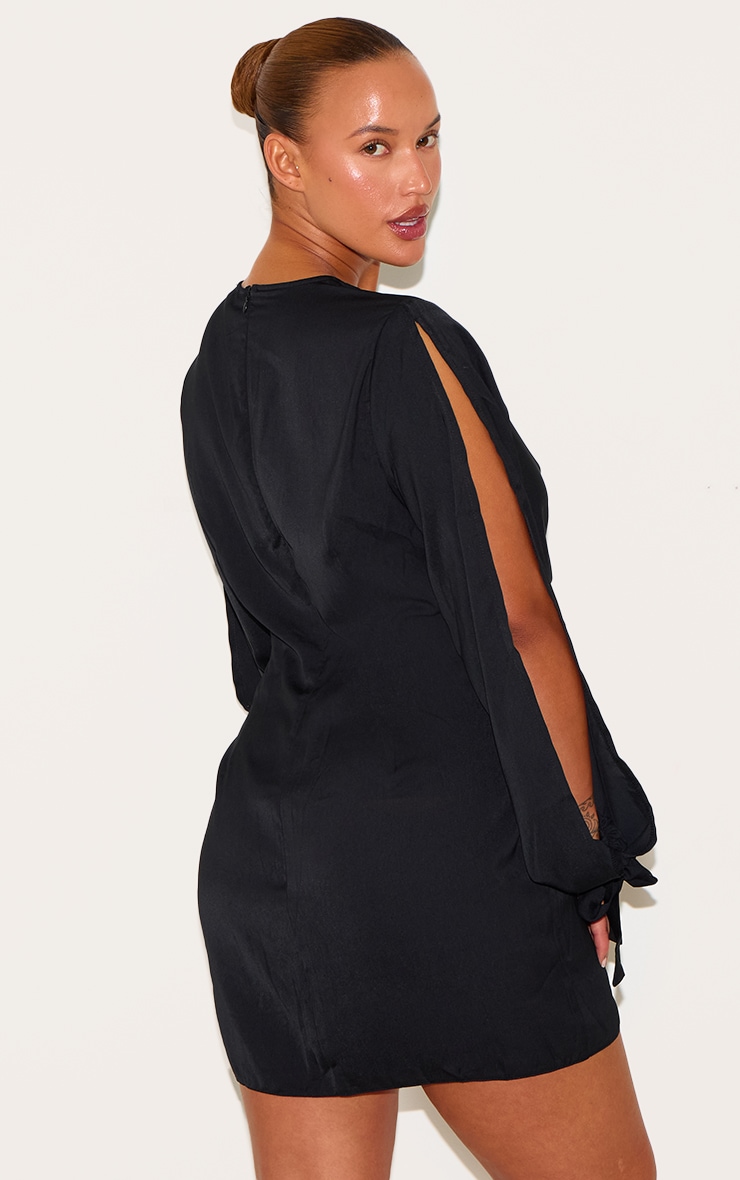 Plus Black Satin Twist Front Open Sleeve Wrap Dress image 2