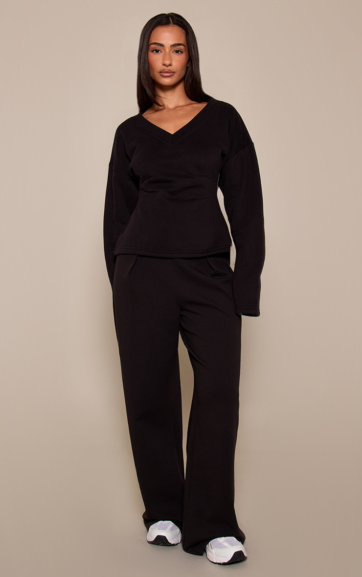 Petite Black V Neck Cinched Waist Sweatshirt  image 3
