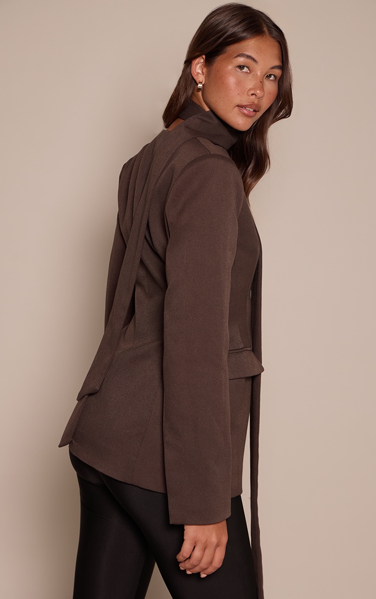 Scarf Detail Dark Chocolate Moulded Hip Cinch Waist Blazer image 2