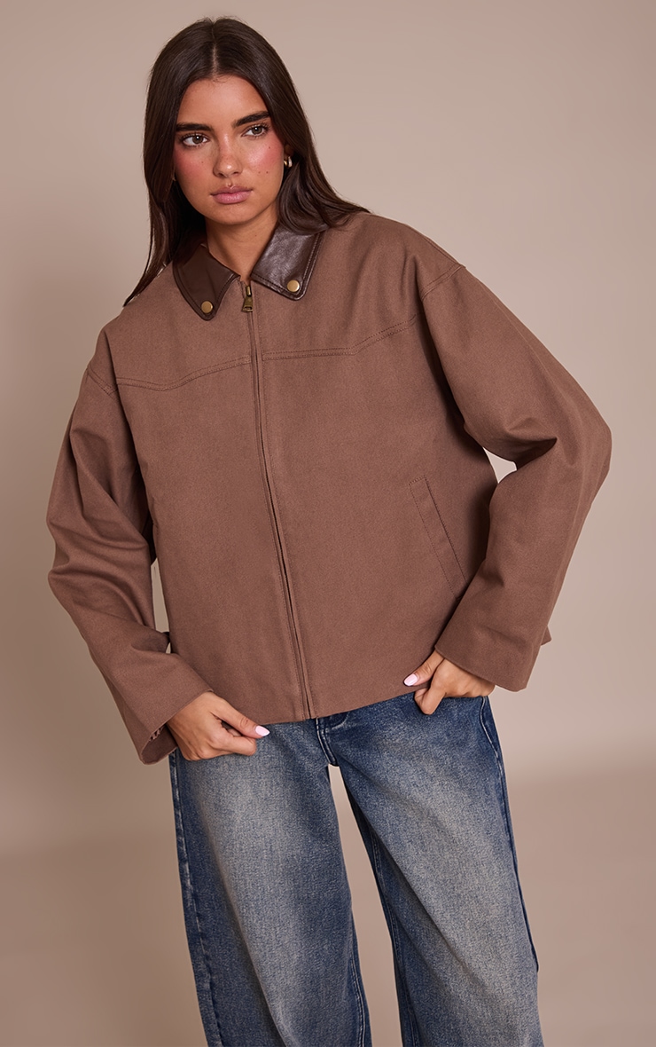 Chocolate PU Collar Twill Oversized Trucker Jacket