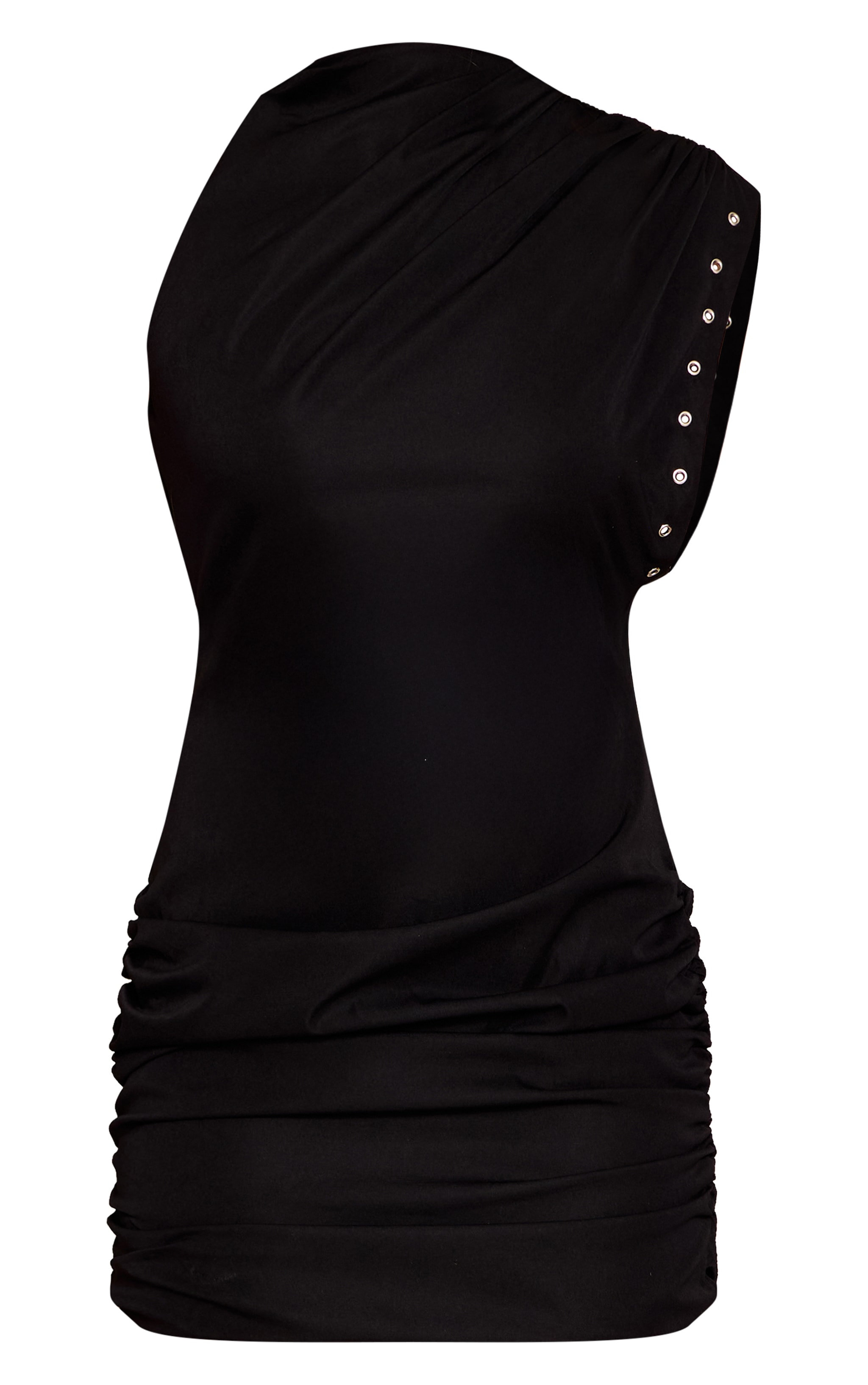 Black Woven One Shoulder Eyelet Detail Mini Dress image 5