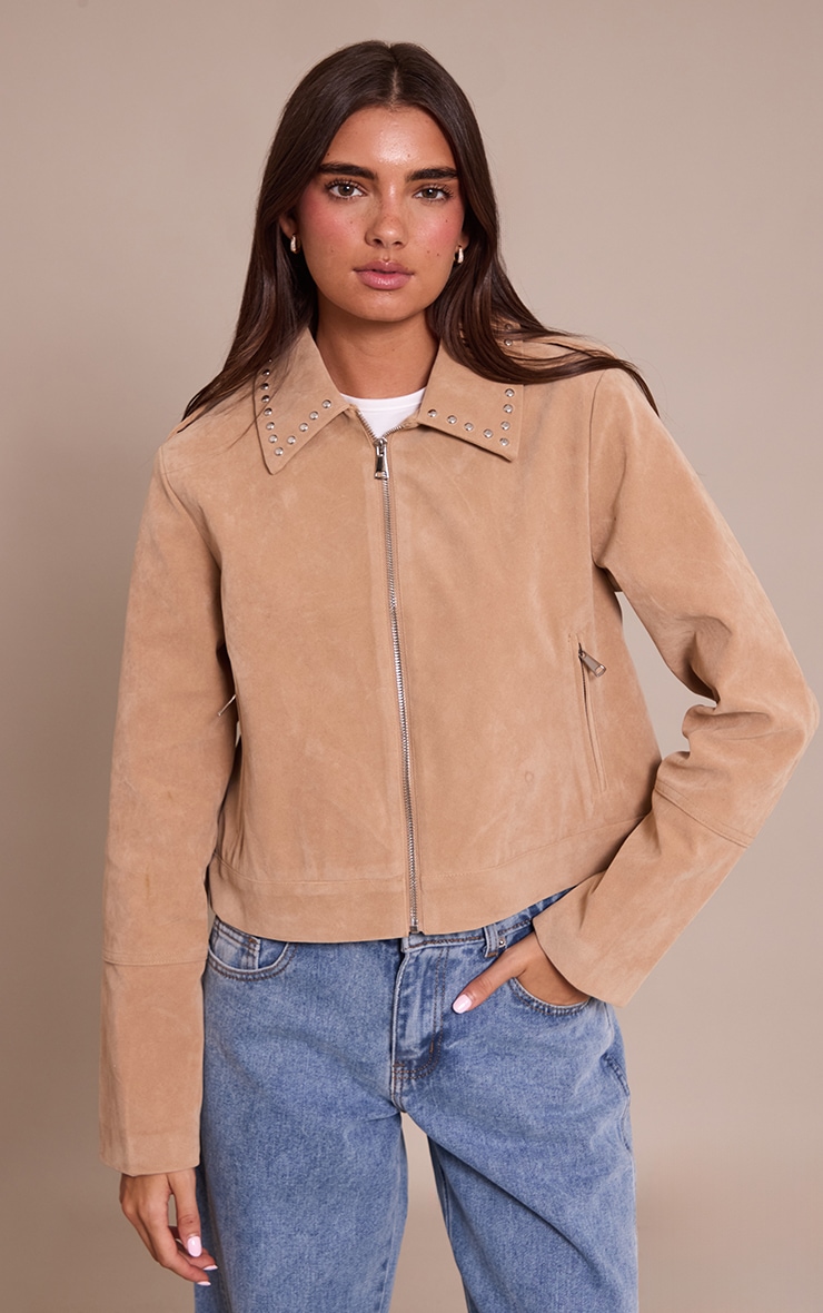 Sand Studded Detail Faux Suede Zip Up Jacket image 1