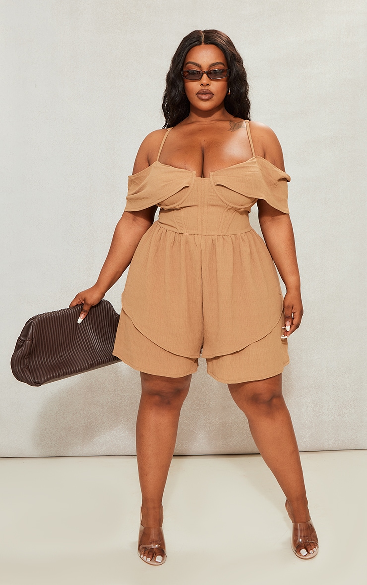  Plus Camel Textured Corset Romper image 2