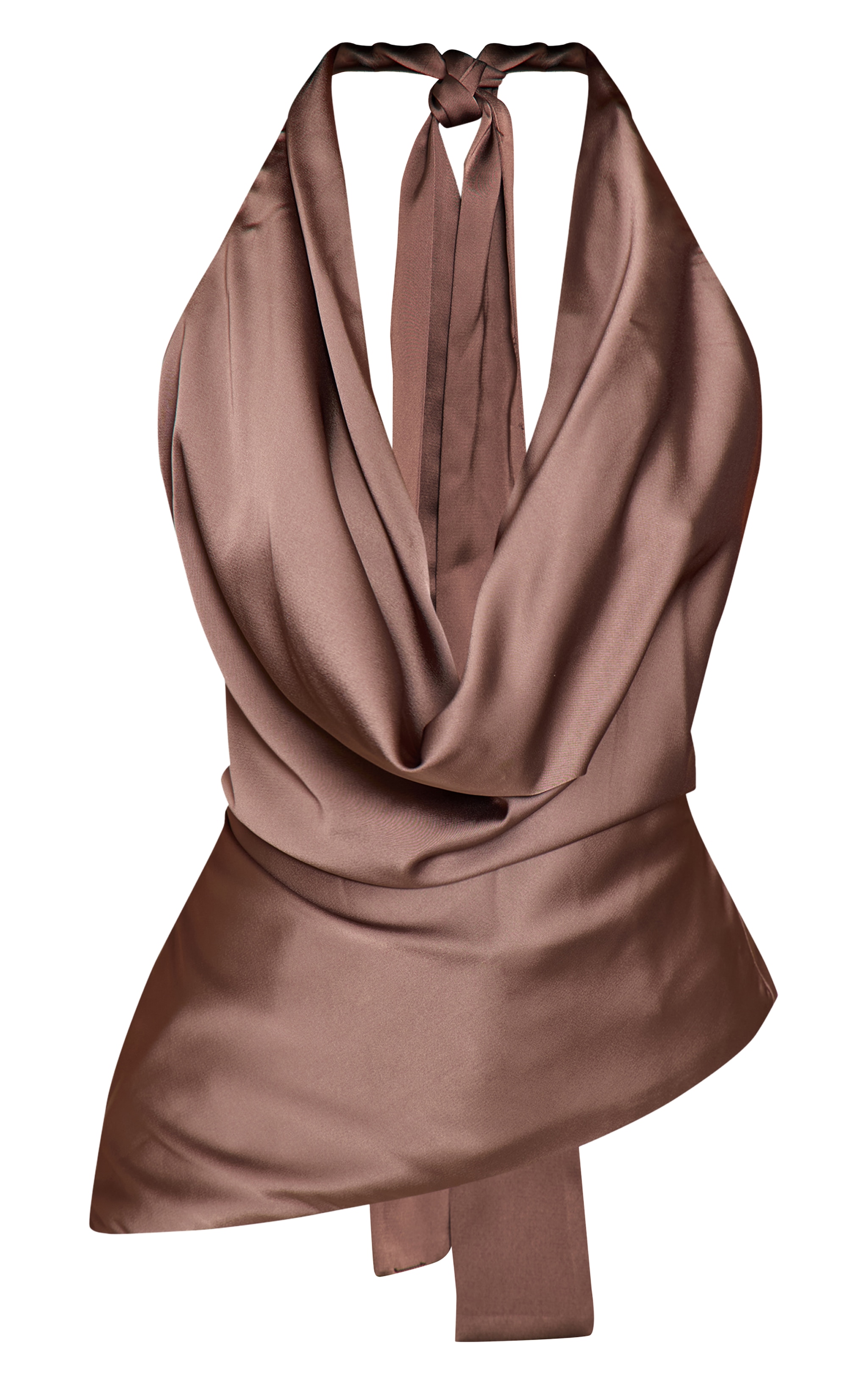 Petite Deep Taupe Tie Detail Satin Cowl Ruched Top image 5