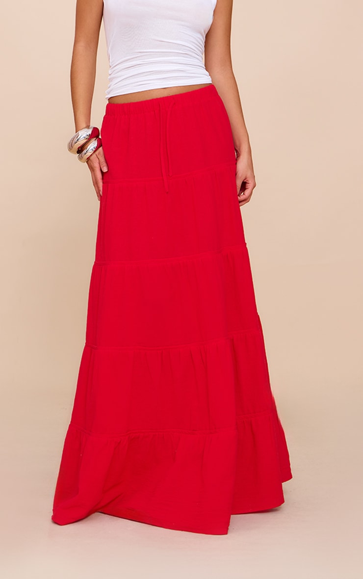 Tomato Red Cotton Tiered Drawstring Waist Maxi Skirt image 1
