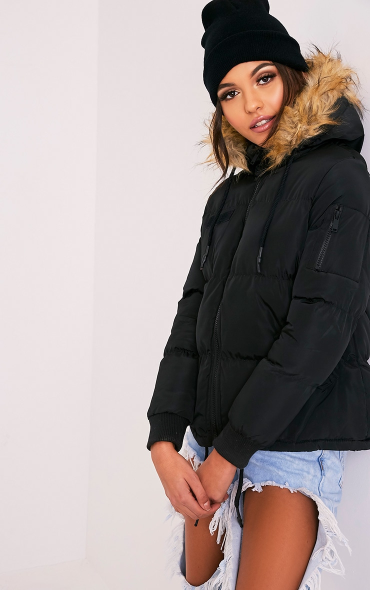 prettylittlething faux fur collar padded jacket in black