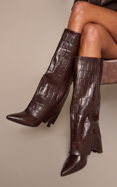 Chocolate Croc Faux Leather Stiletto Foldover Knee High Boots