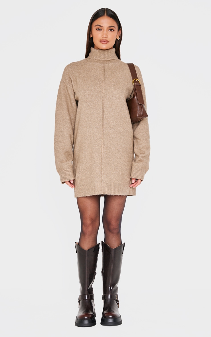 Light Mocha Soft Knit Roll Neck Oversized Seam Detail Sweater Dress image 3