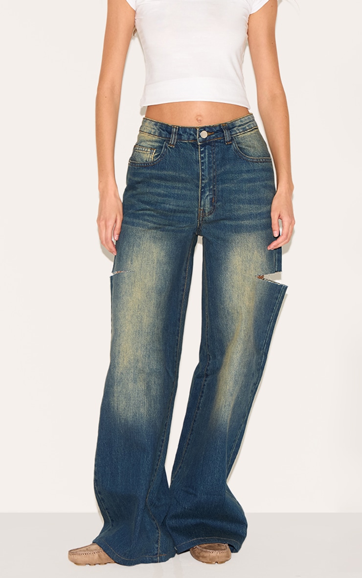 Vintage Wash Thigh Split Detail Wide Leg Jeans | Denim