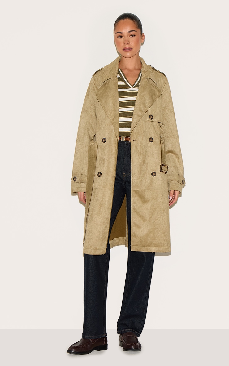 Khaki Mid Length Faux Suede Trench Coat image 1