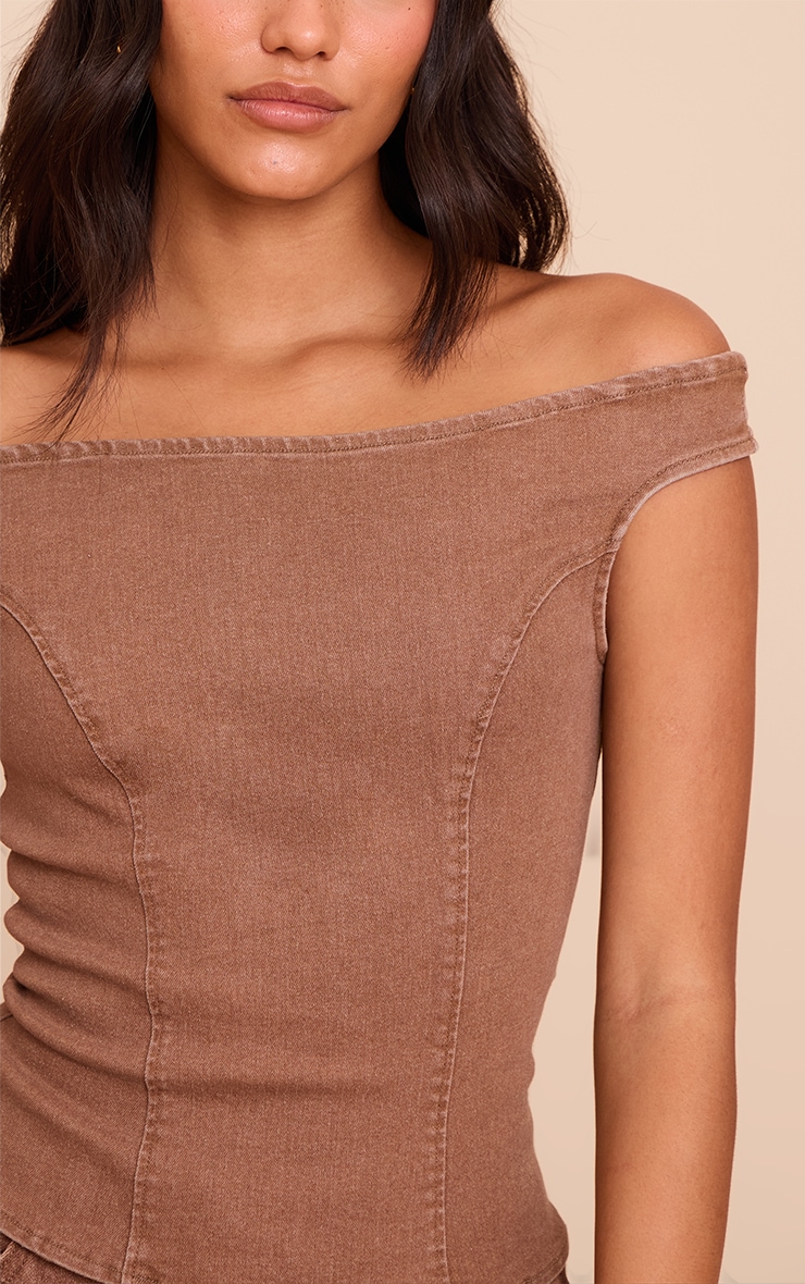 Brown Off The Shoulder Stretch Denim Top image 4