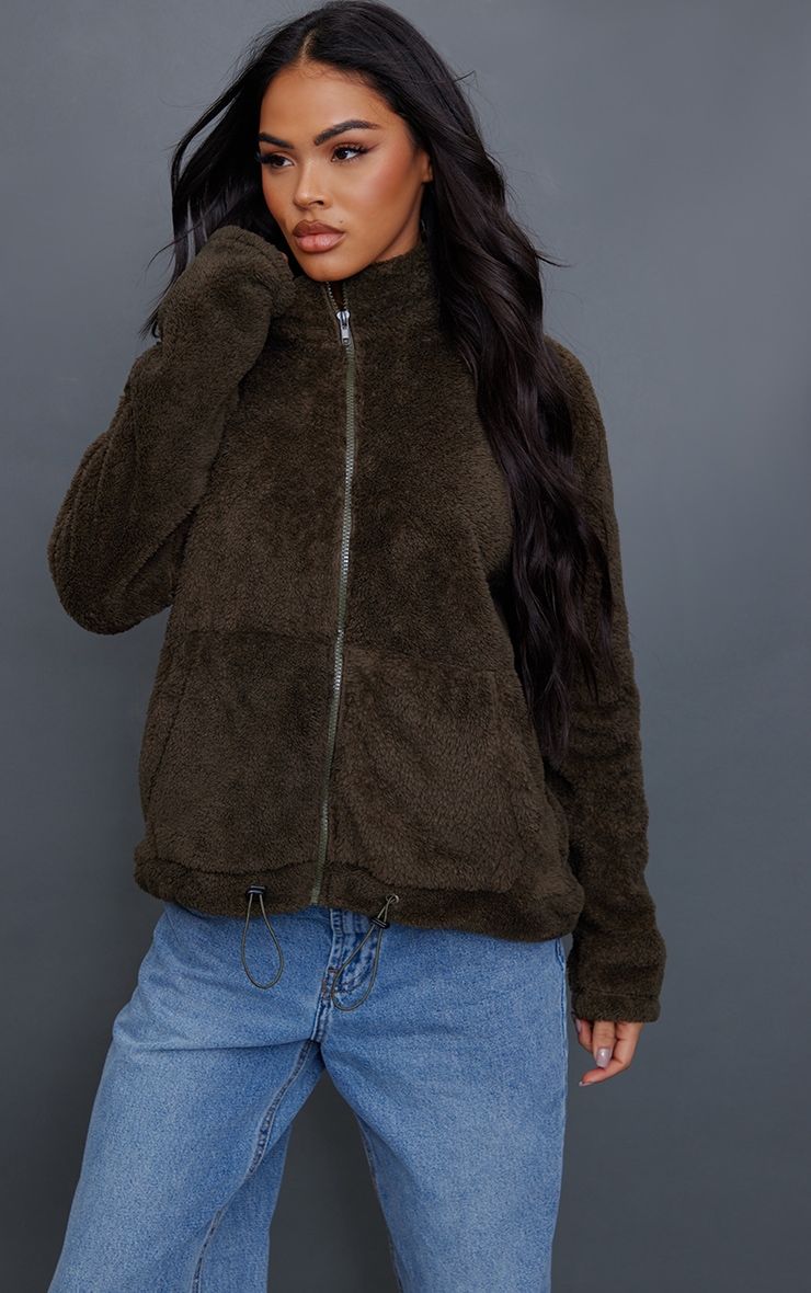 Khaki Toggle Hem Cropped Teddy Jacket image 3