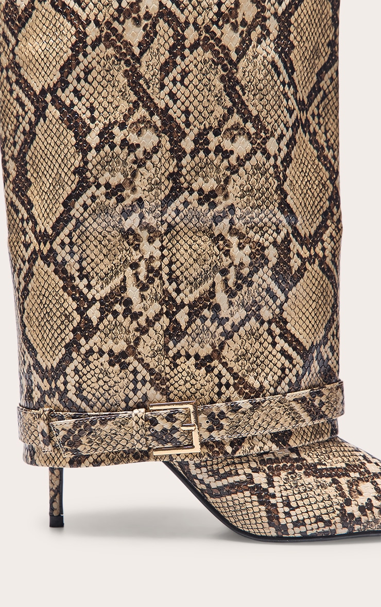 Snake Fold Over Buckle Detail Knee High Heeled Boot image 5