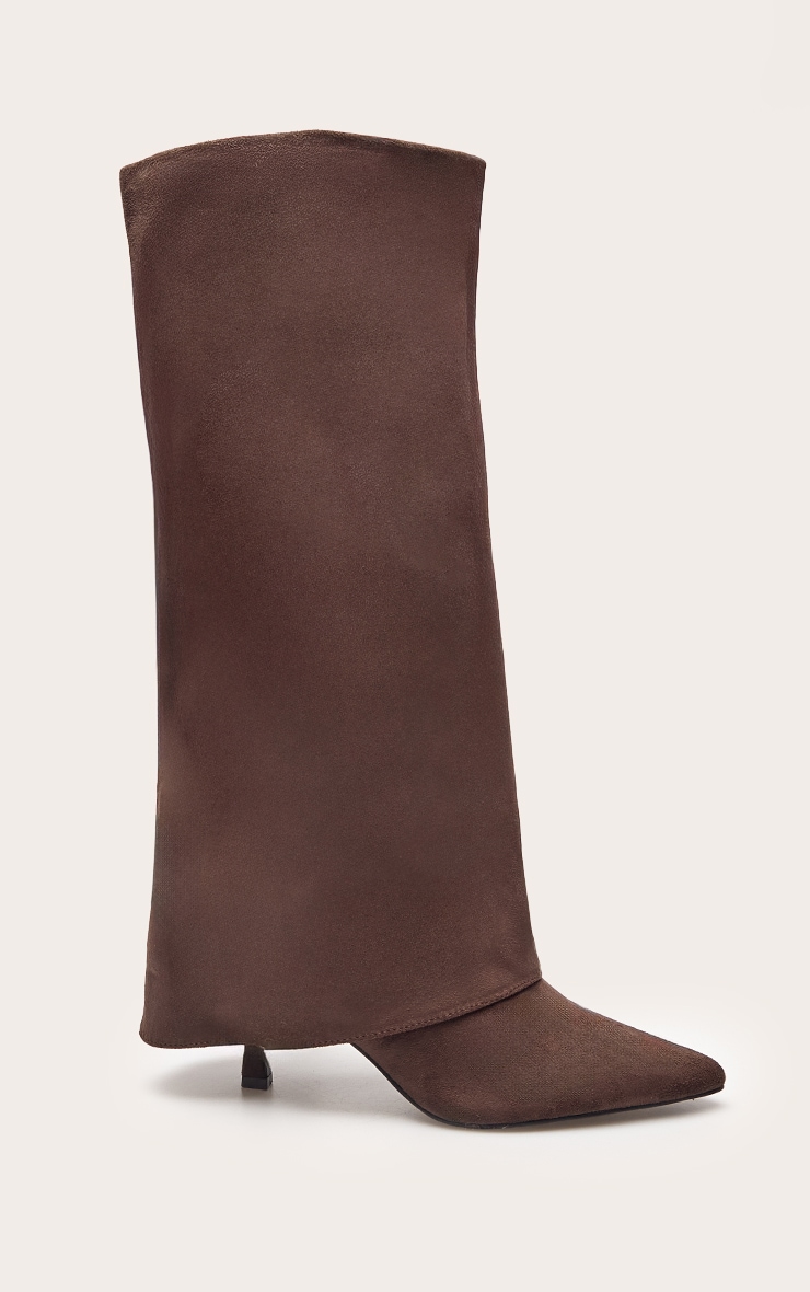 Chocolate Faux Suede Stiletto Foldover Knee High Boots image 2