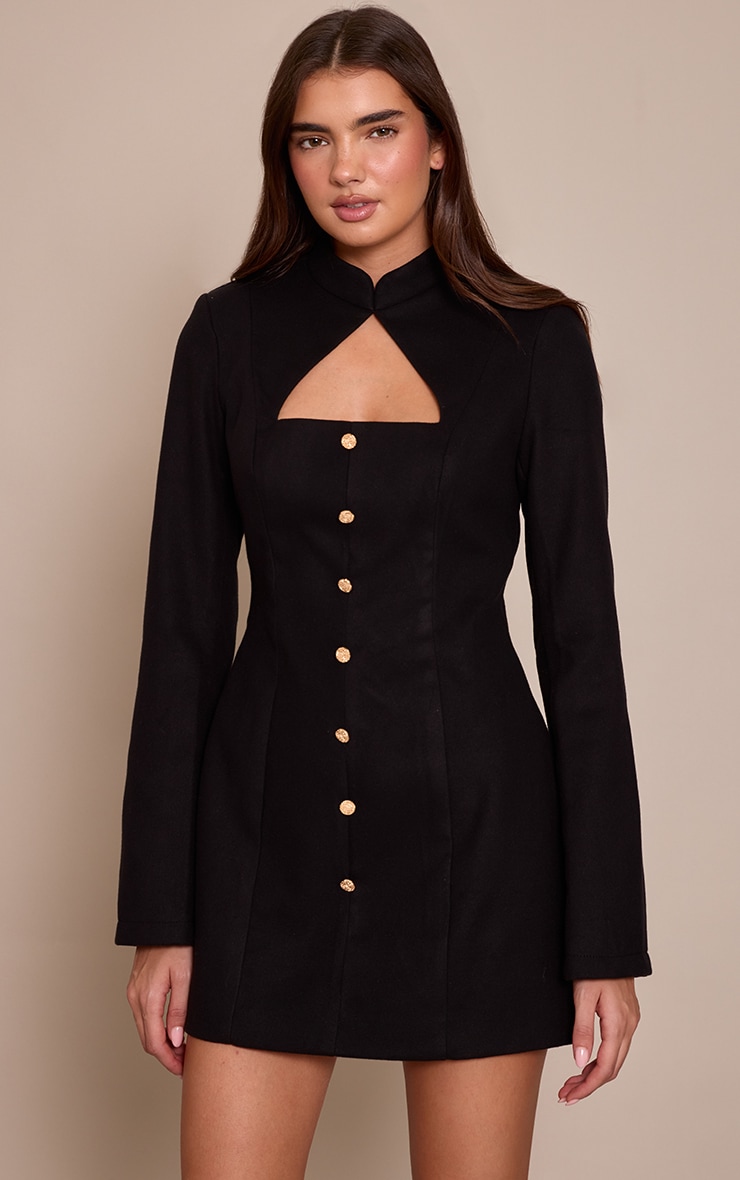 Black Brushed Woven Long Sleeve Button Detail Mini Dress image 1