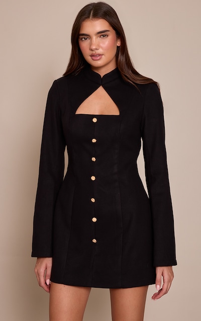 Black Brushed Woven Long Sleeve Button Detail Mini Dress